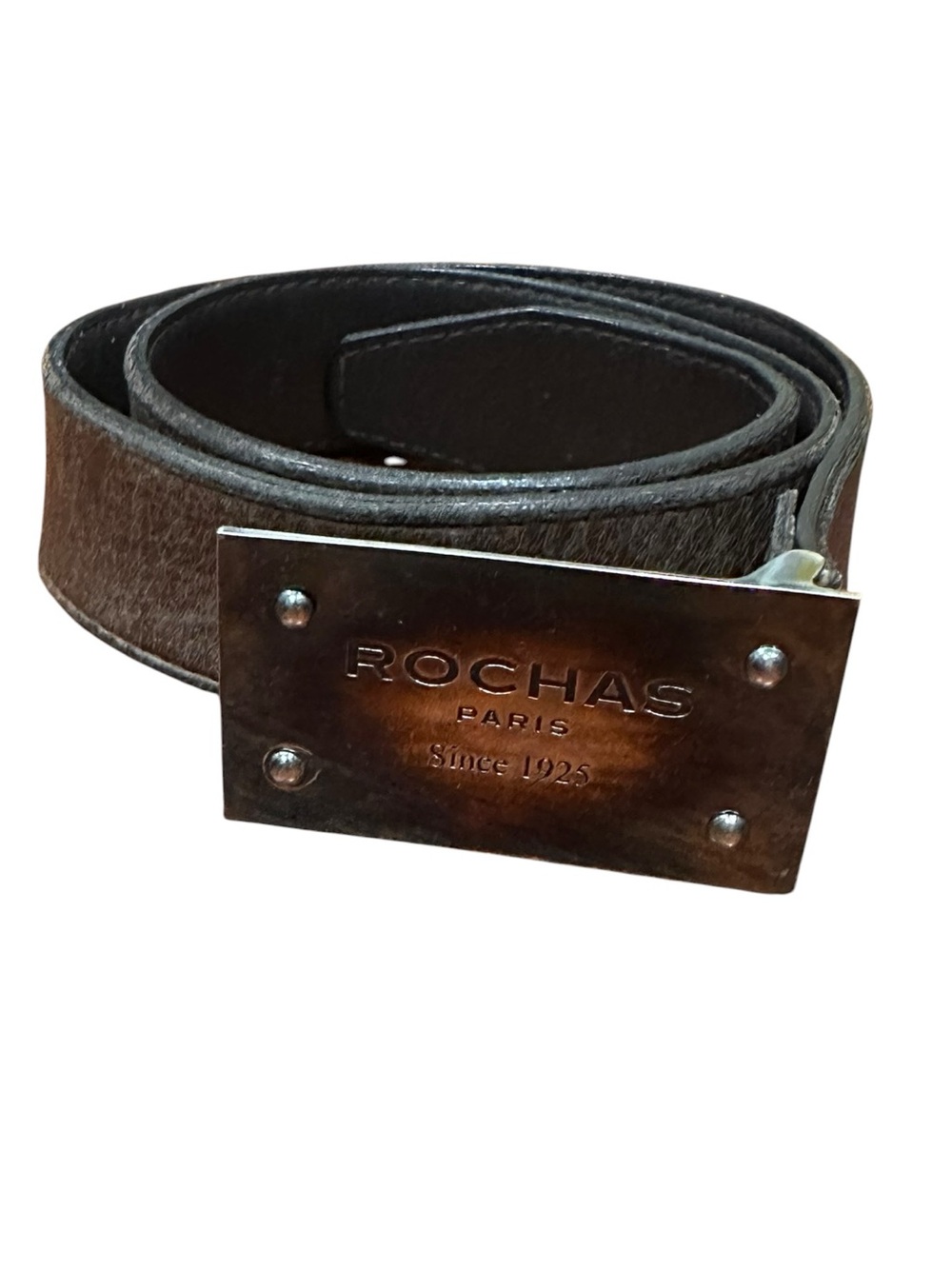 Vintage Rochas Dark Brown Leather Men’s Belt with Metal Plate Buckle